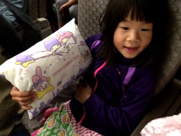 Hello kitty theme pillows on EVA Airline from Houston to Taipei BigKidSmallCity